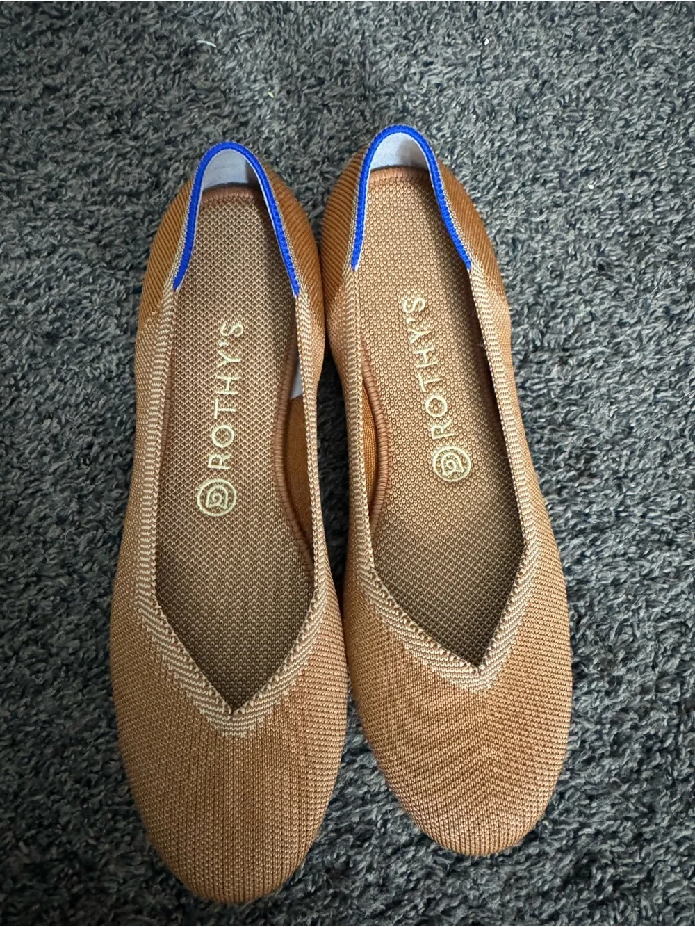 Rothy's Tan Knit Slip-On Flats with Blue Trim